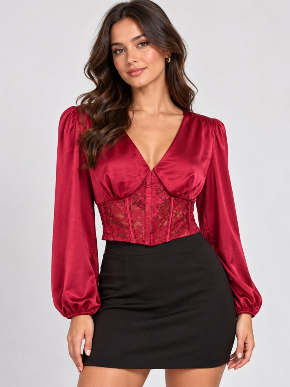 Forever 21+ Dark Red Satin Lace Corset Crop Top 1x